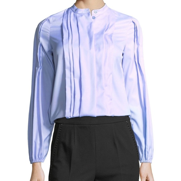 ESCADA Blue Pleated Band Collar Button Front Long Sleeve Blouse Size 40 US 10 - Picture 1 of 8